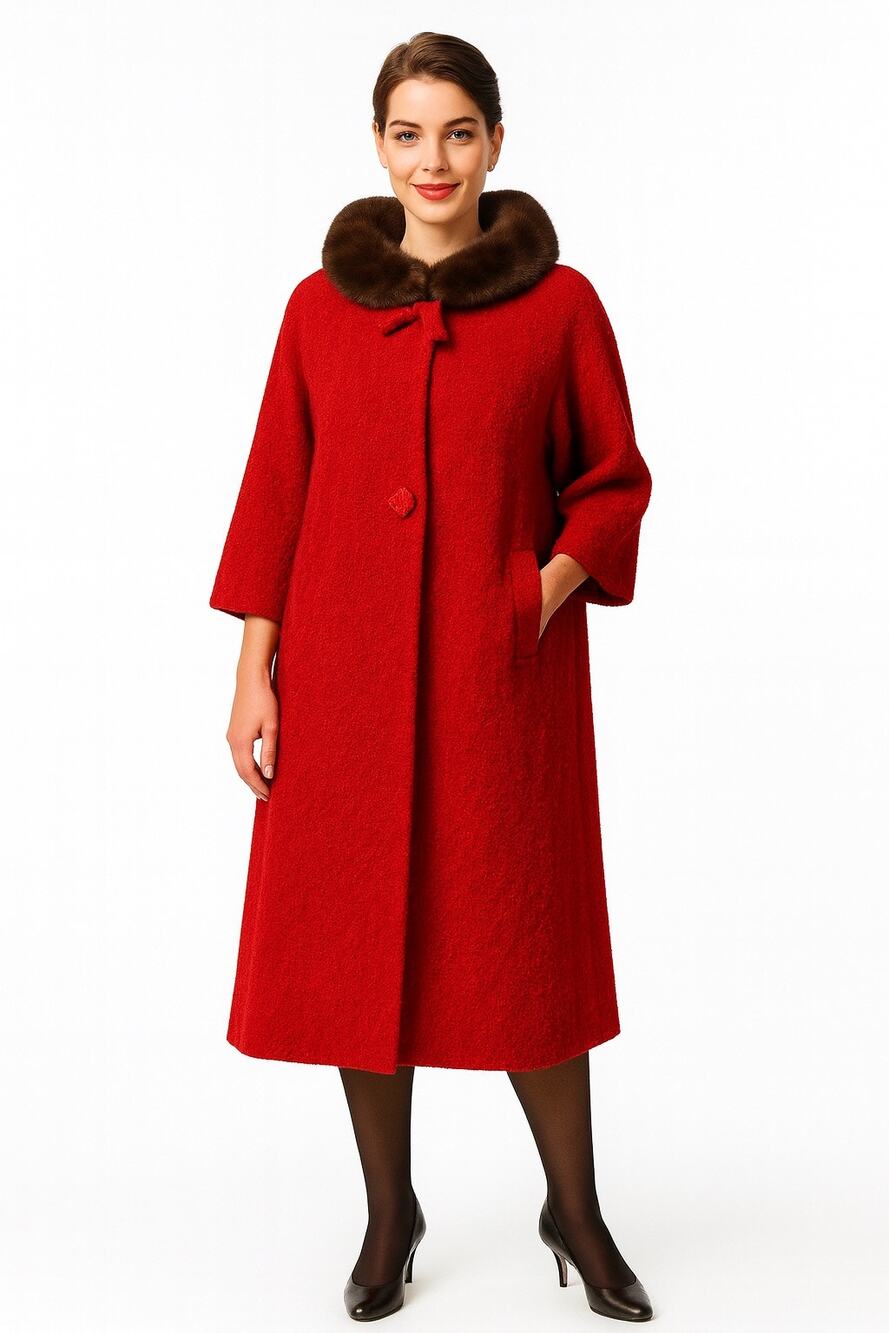 1960s Red Wool Mink Collar Brittany Stroock Full-Length Coat medium